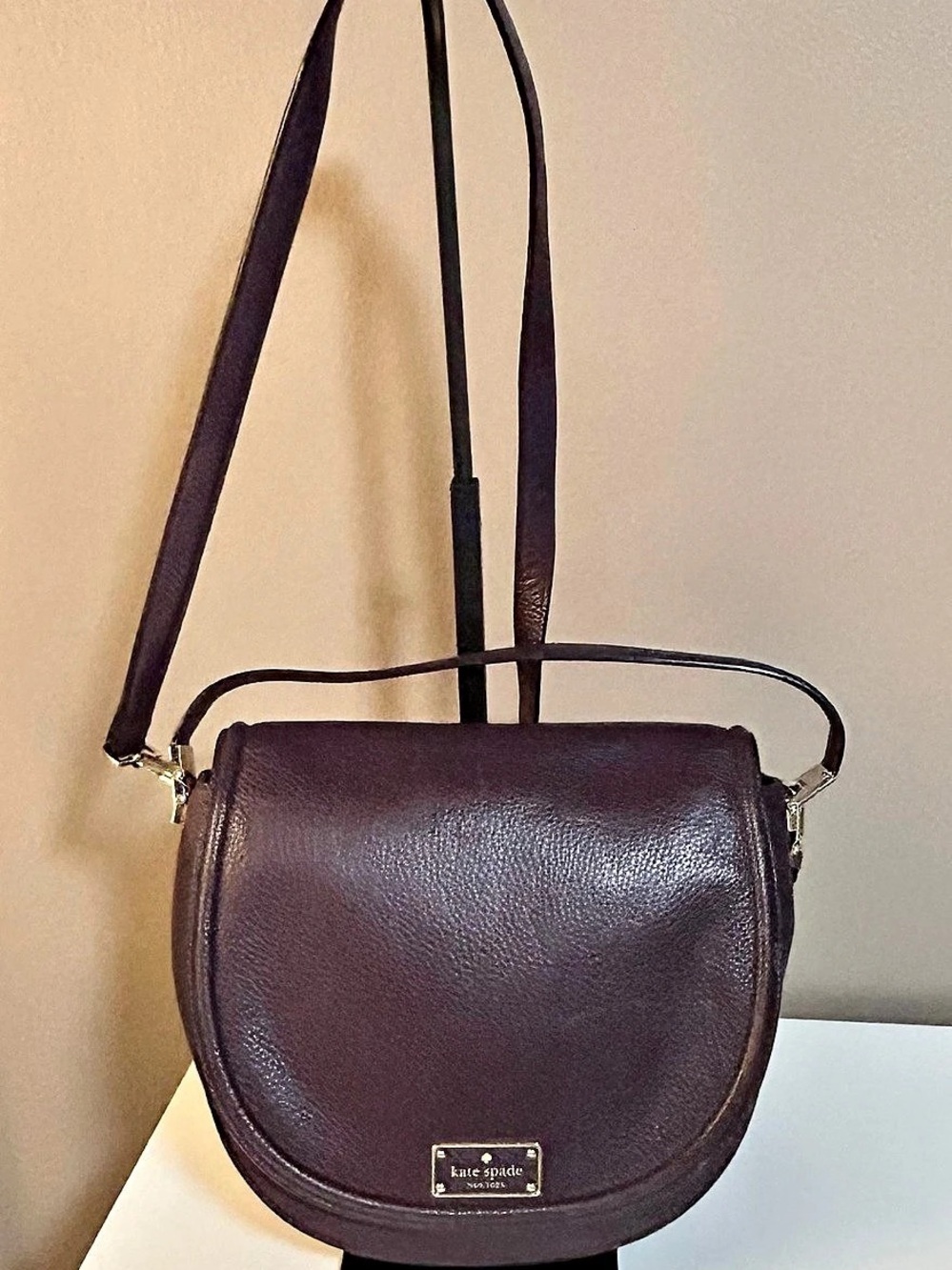 Kate Spade New York Plum Eggplant Purple Leather Saddle Crossbody Bag Magnetic